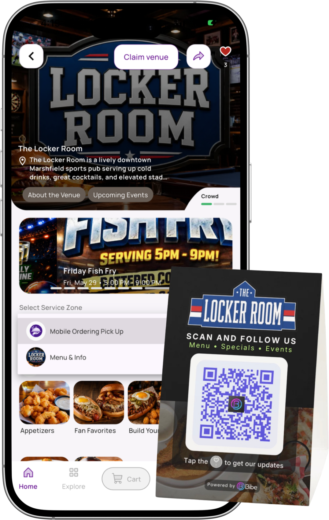 The Locker Room on Bibe — venue profile mini-app and the physical QR table tent
