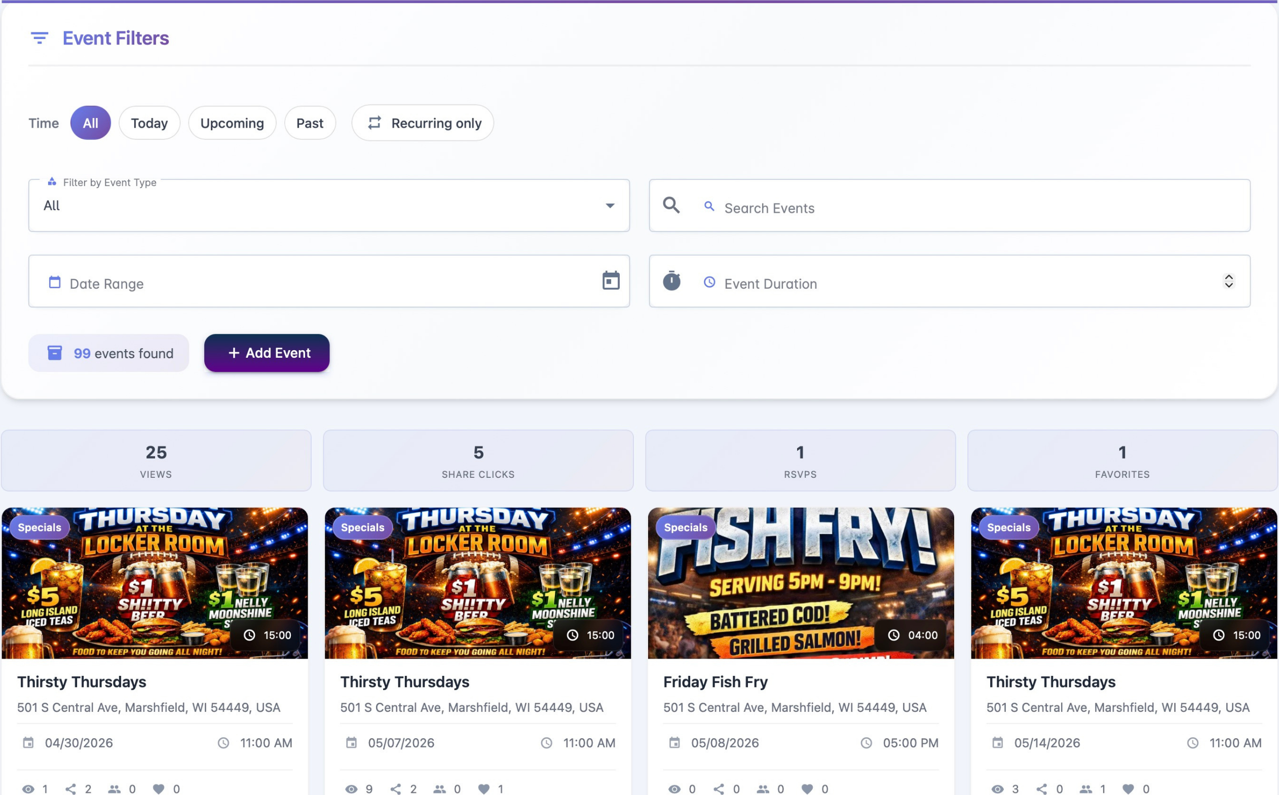 Bibe event manager — schedule and publish events to followers
