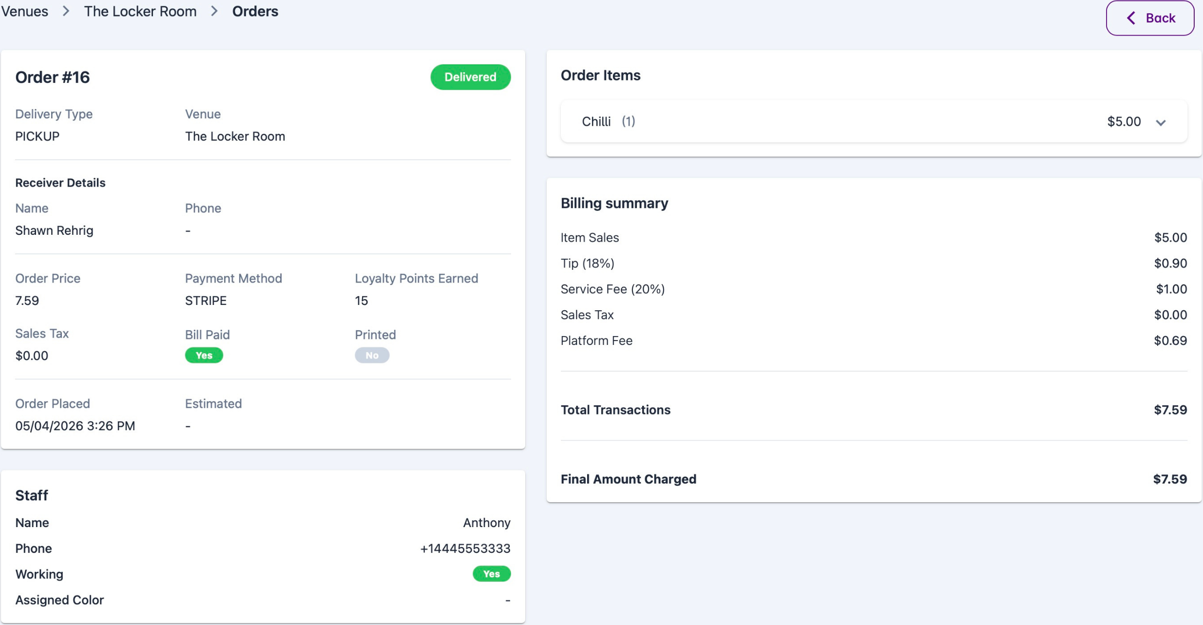 Bibe Tender — order detail with billing summary, staff routing, and delivery type