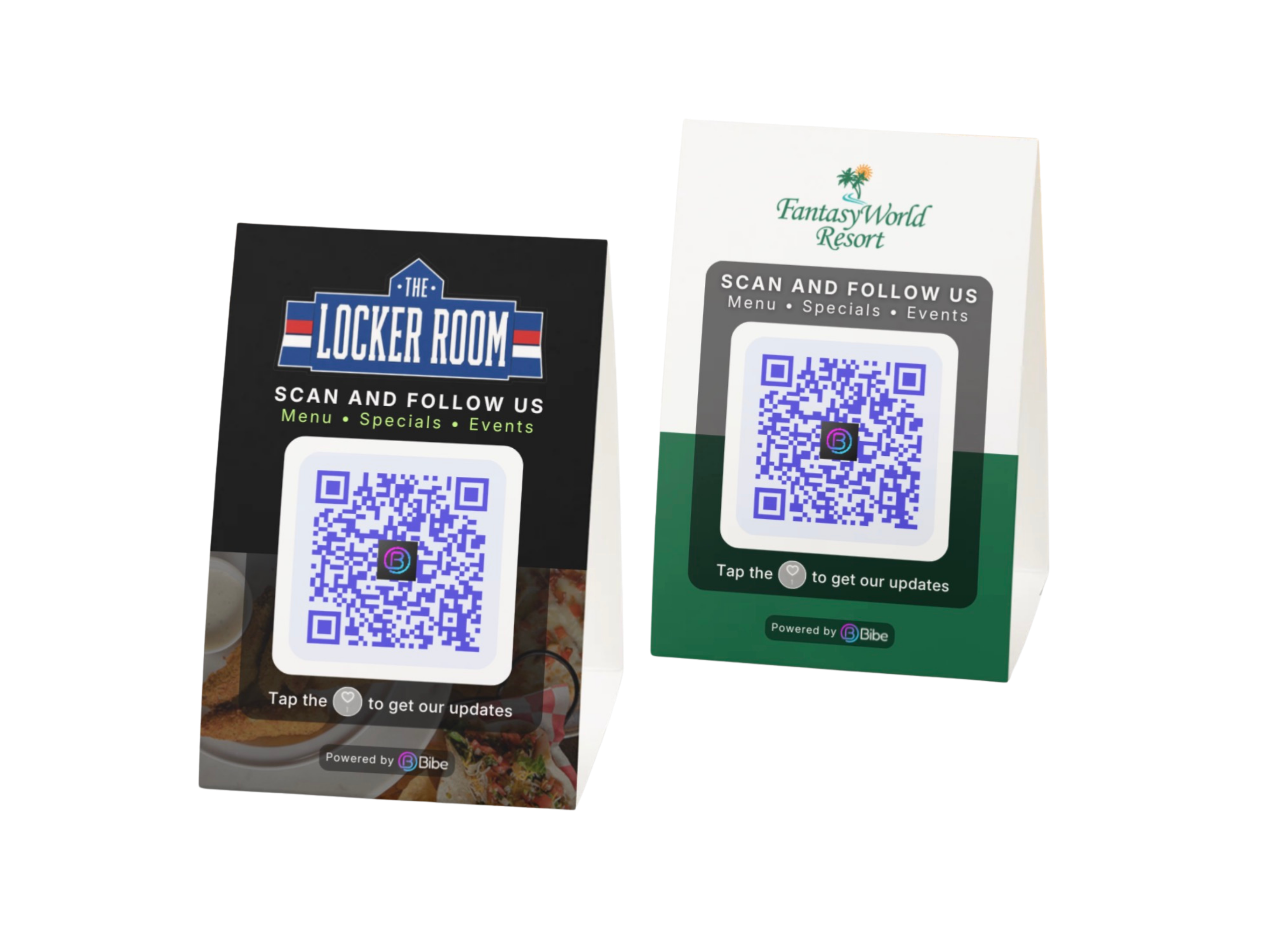 Branded Bibe QR table tents — The Locker Room and FantasyWorld Resort
